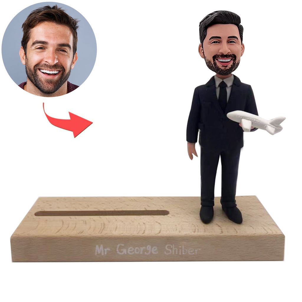 Aangepaste Captain Bobblehead-kaarthouder met vliegtuigmodel