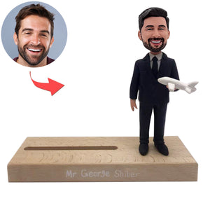 Aangepaste Captain Bobblehead-kaarthouder met vliegtuigmodel