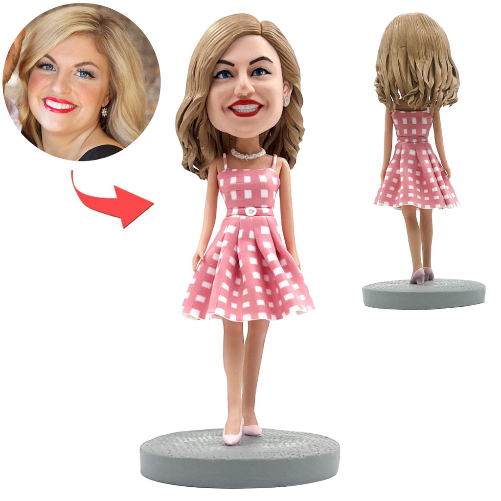 Aangepaste meisje Bobbleheads met roze geruite jurk