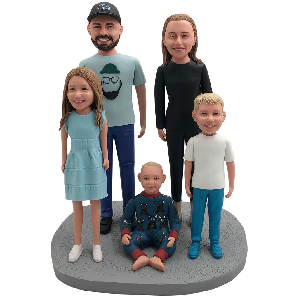 Gepersonaliseerde aangepaste familie-bobbleheads met 3 kinderen