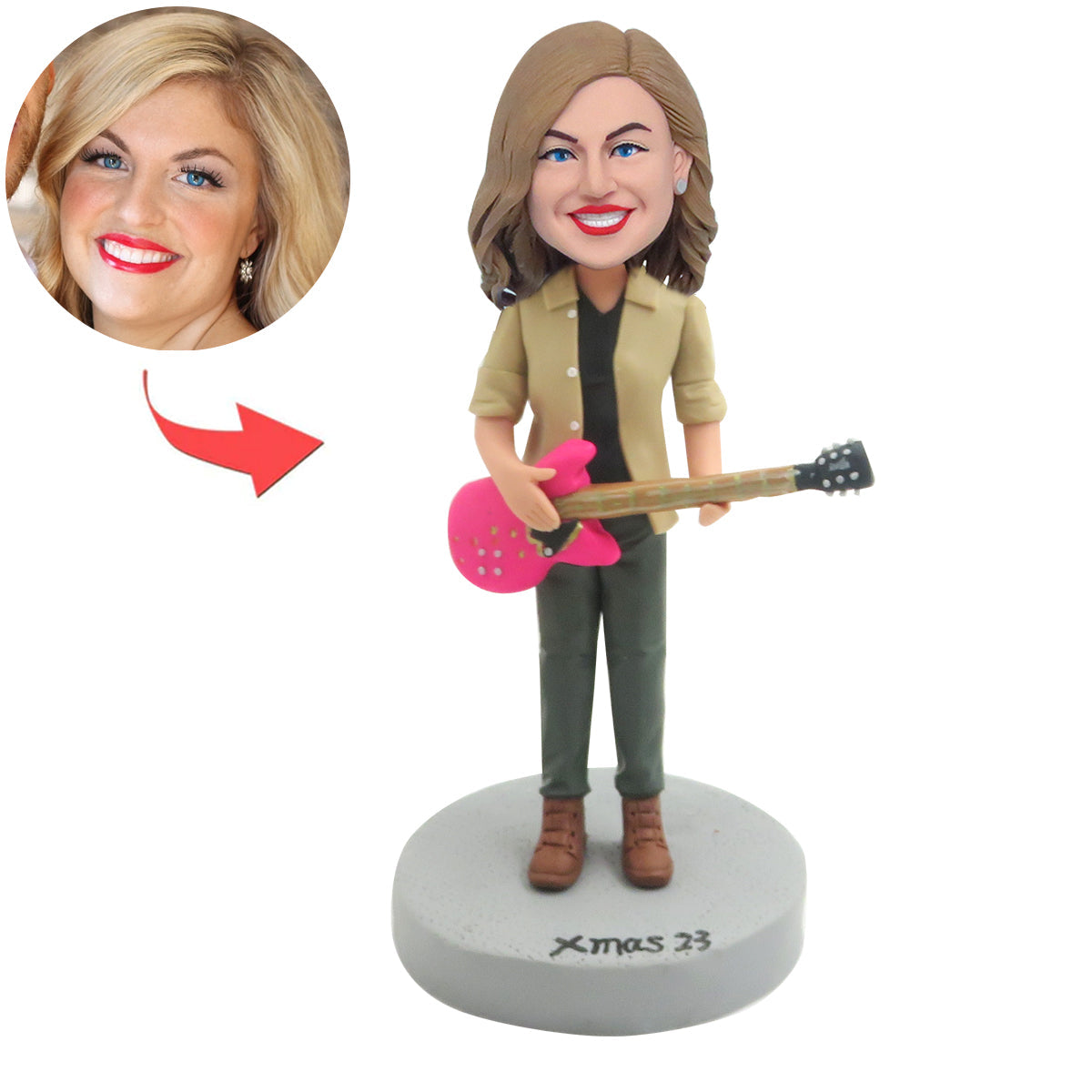 Aangepaste vrouwelijke Bobblehead met roze gitaar