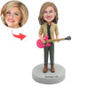 Aangepaste vrouwelijke Bobblehead met roze gitaar