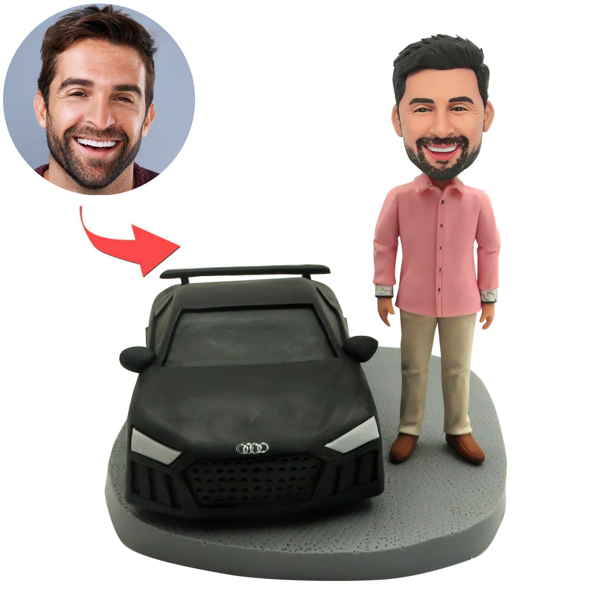 Aangepaste mannelijke Bobblehead met een auto