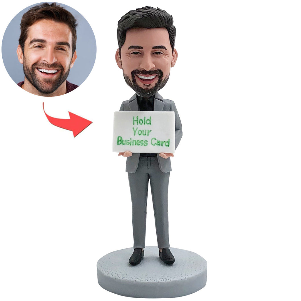 Aangepaste baas Bobblehead kan een visitekaartje vasthouden