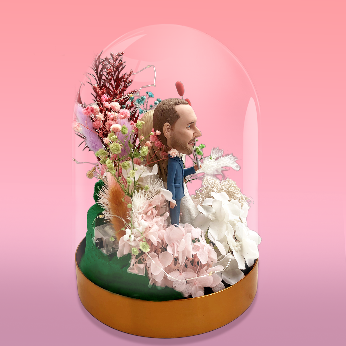 Eeuwige bloemen met bobbleheads voor gepersonaliseerd cadeau