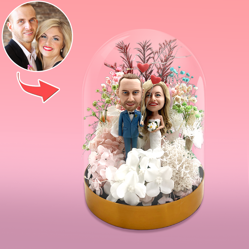 Eeuwige bloemen met bobbleheads voor gepersonaliseerd cadeau