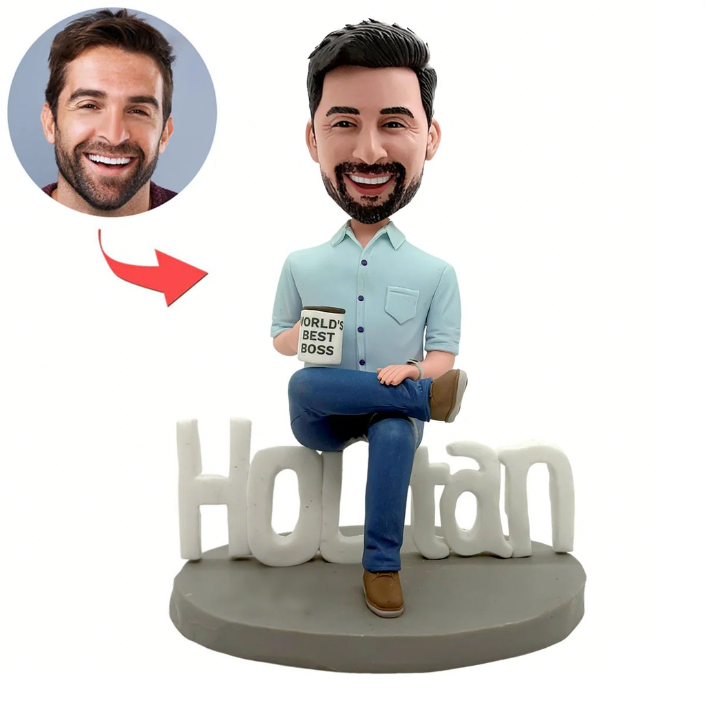 Gepersonaliseerde bobblehead met mok "World's Best Boss"