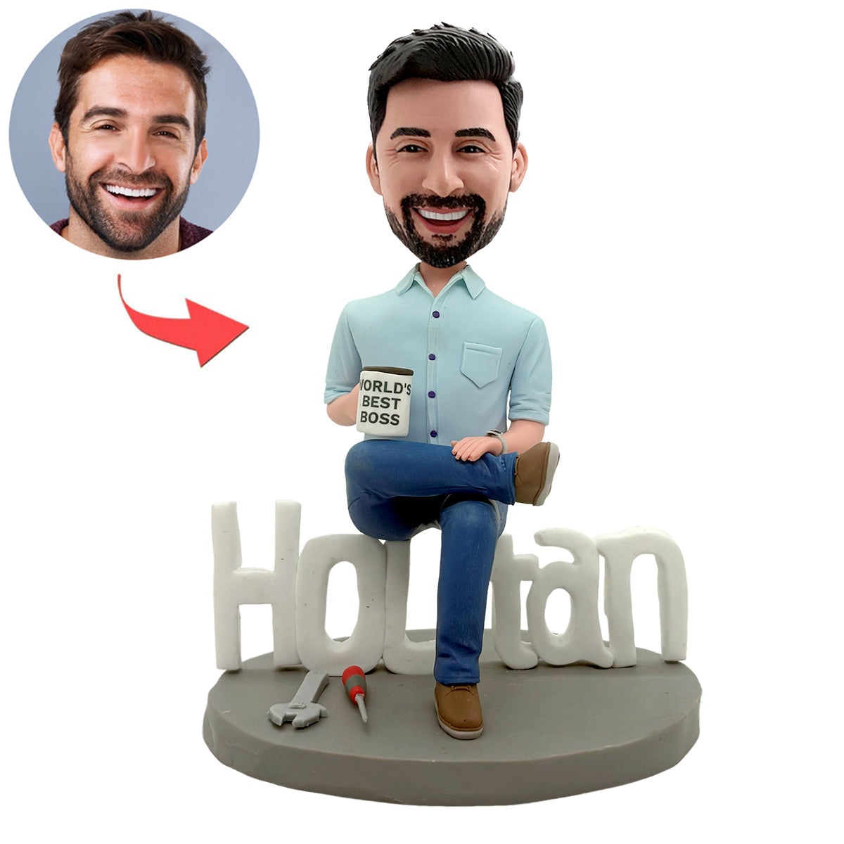 Gepersonaliseerde bobblehead met mok "World's Best Boss"