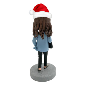 Aangepaste werkende vrouw Bobblehead met kerstmuts