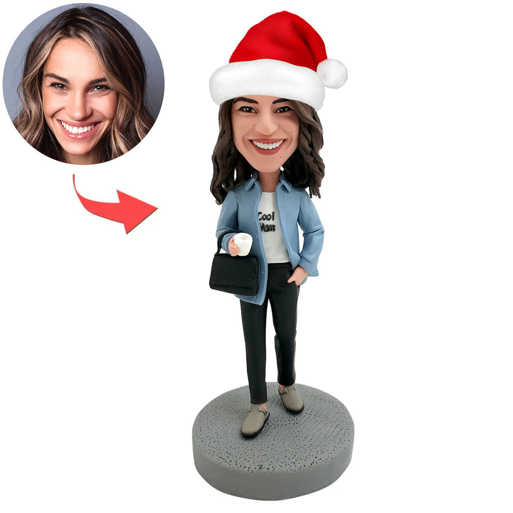 Aangepaste werkende vrouw Bobblehead met kerstmuts