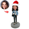 Aangepaste werkende vrouw Bobblehead met kerstmuts