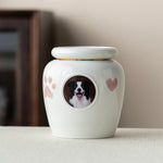 Gepersonaliseerde keramische herdenkingsurn voor huisdieren met aangepaste foto en figuur