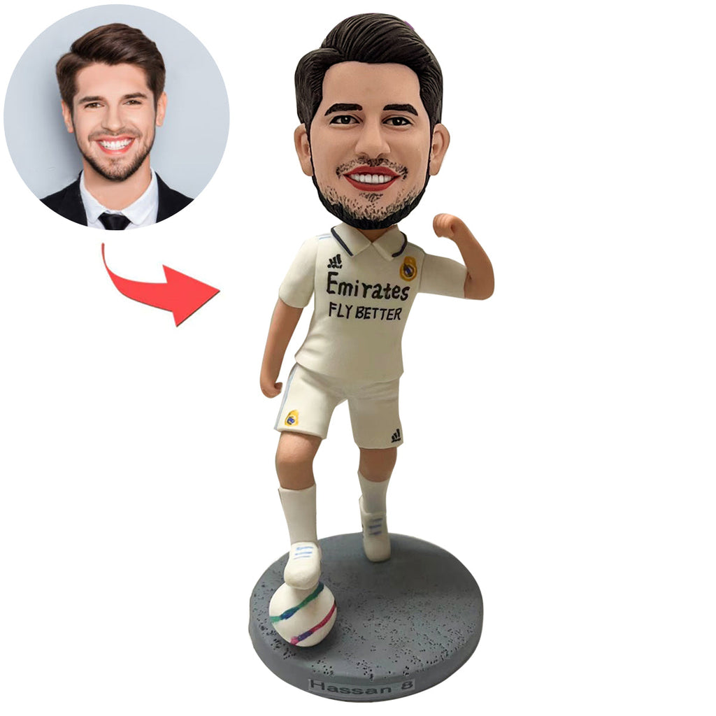 Aangepaste voetbalspeler Bobblehead in witte trui