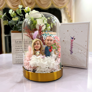 Eeuwige bloemen met bobbleheads voor gepersonaliseerd cadeau